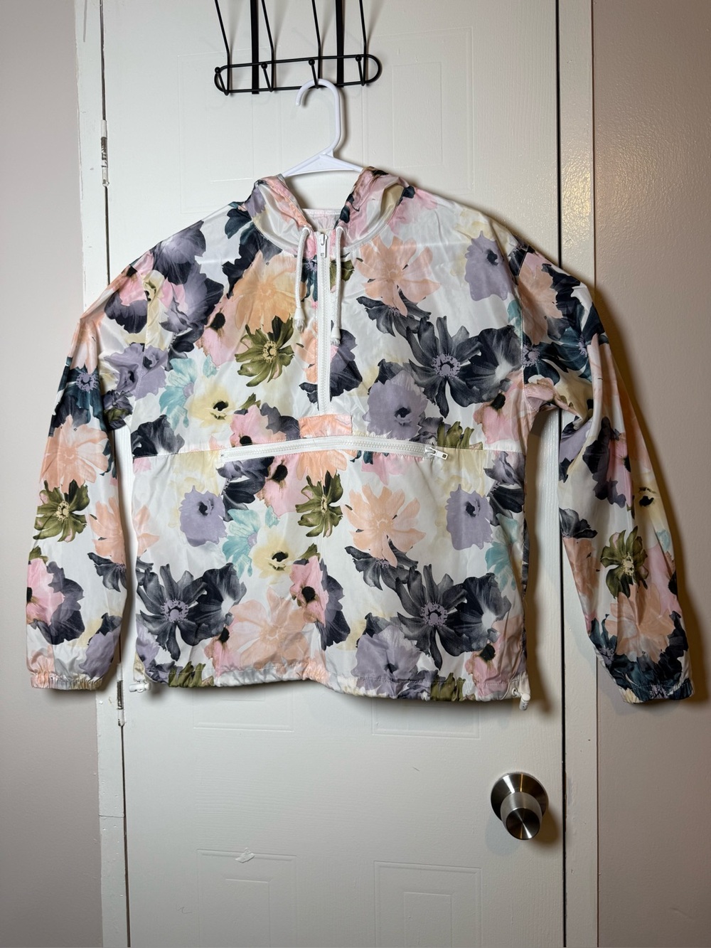 Thread & Supply Floral Half-Zip Hoodie - White, Pink, Gray, Green